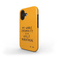 Yellow phone case with text 'My whole personality is a half marathon' on a white background