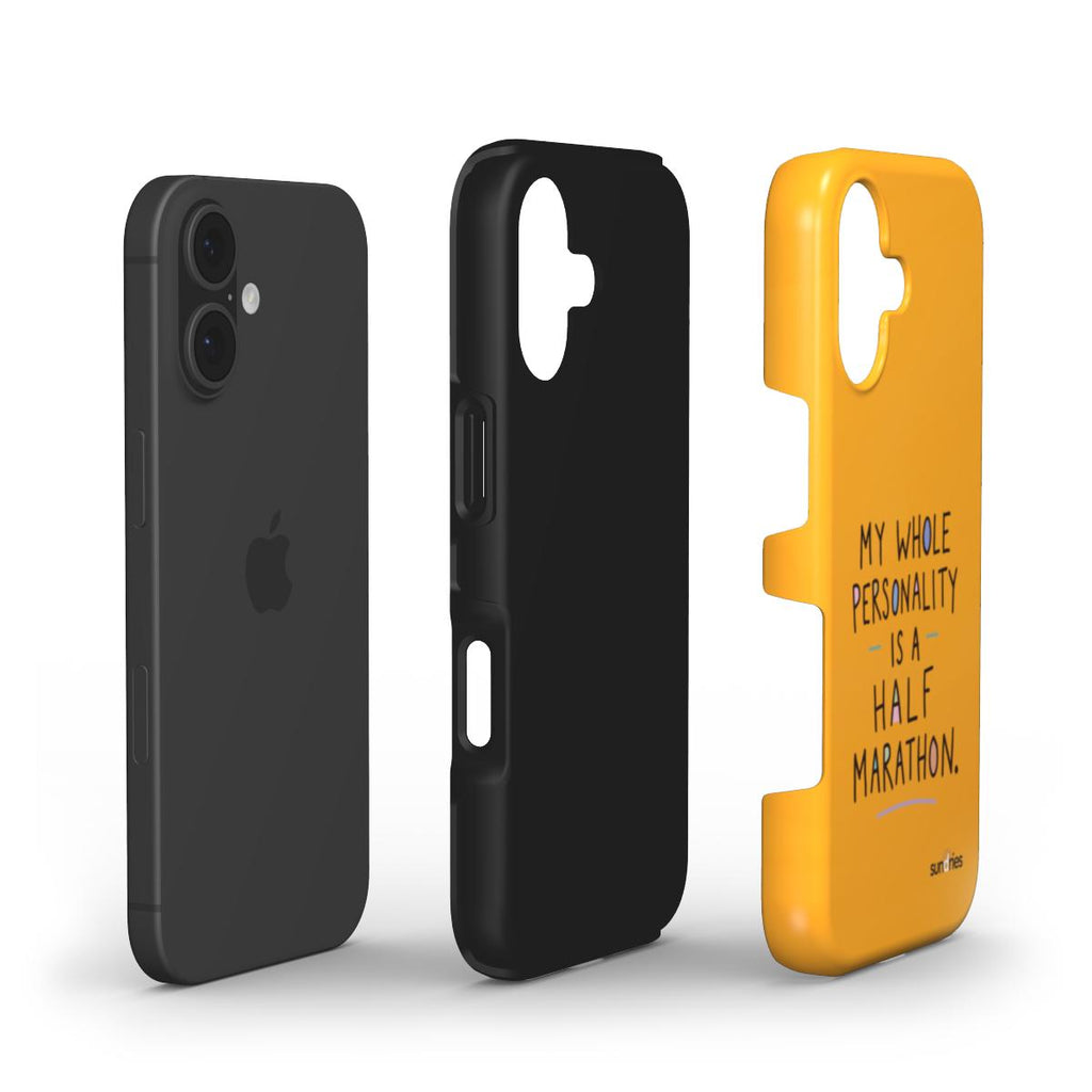 Three phone cases: a black one, a black one with an Apple logo, and a yellow one with text.