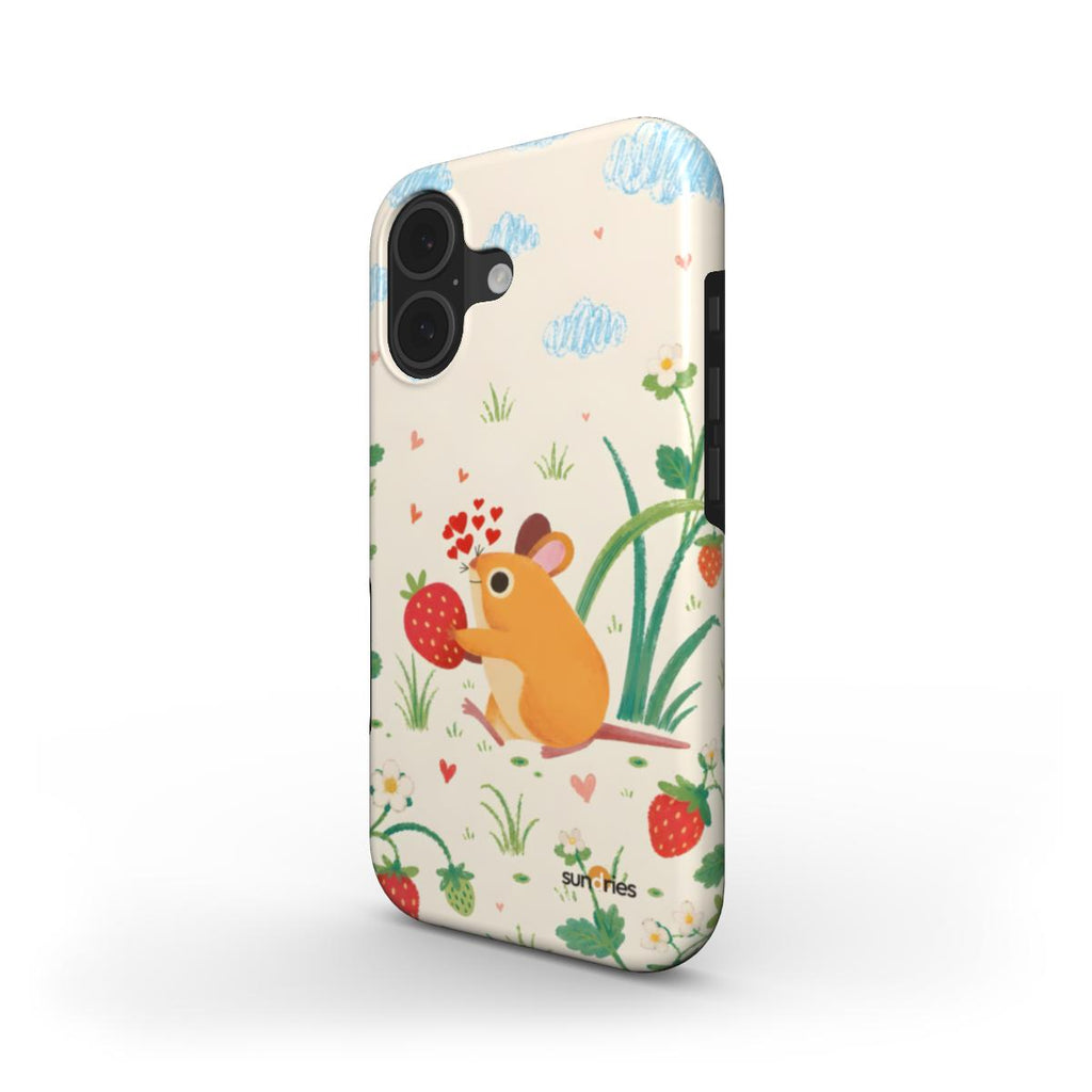 Phone case with a mouse and strawberry design on a white background