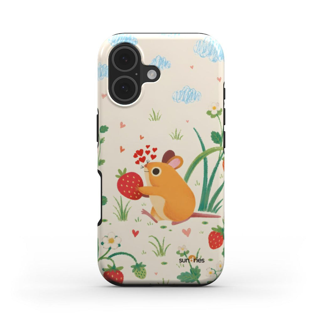 Phone case with a mouse and strawberry design on a white background
