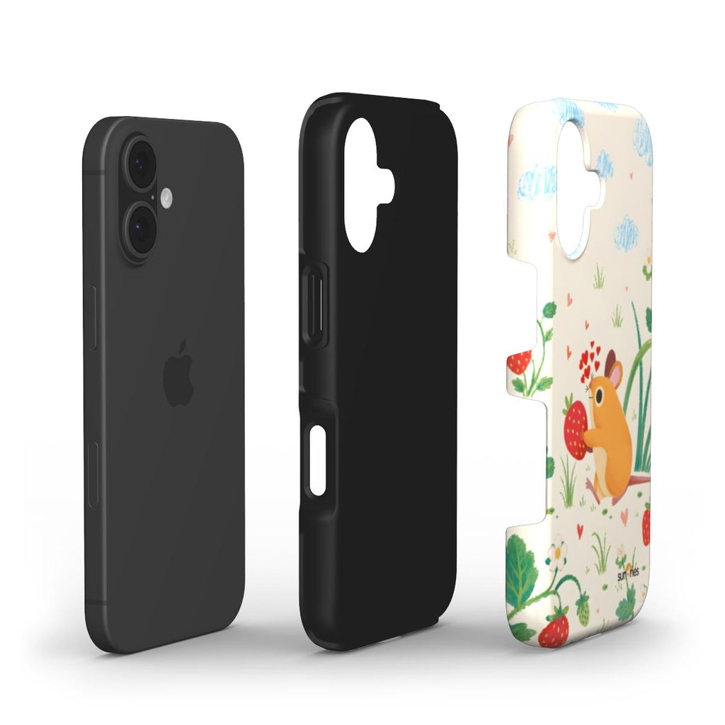 Three phone cases: black, black with floral design, and colorful animal-themed case.