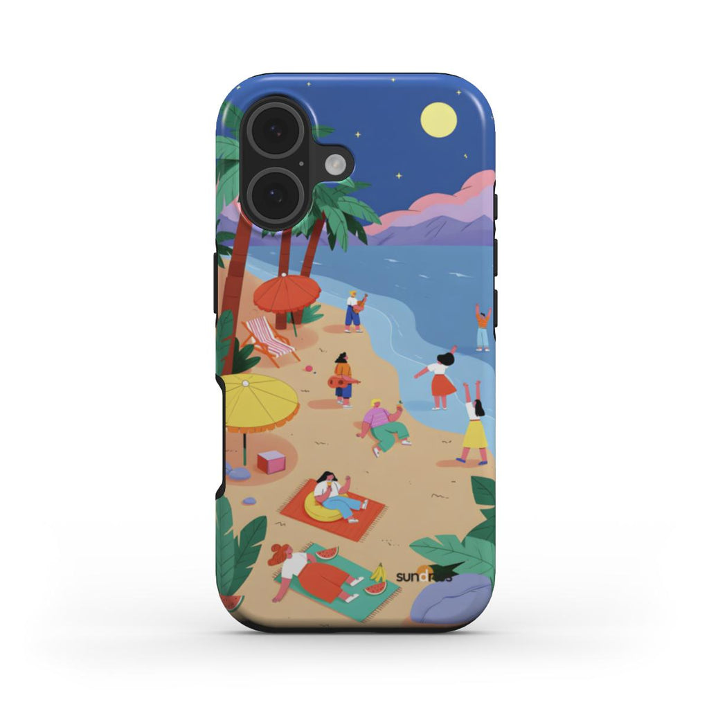 Phone case with a beach scene design featuring people and palm trees.