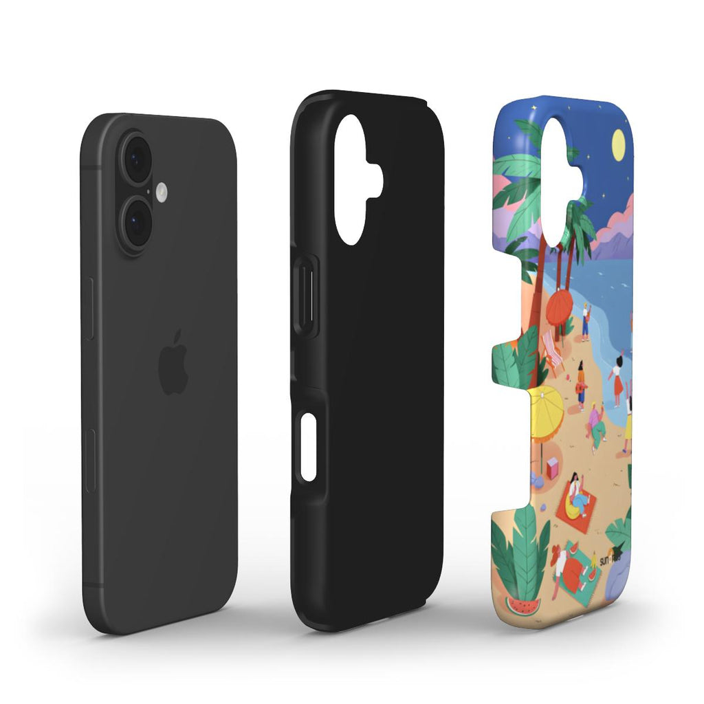 Black phone case and colorful beach-themed phone case on a white background