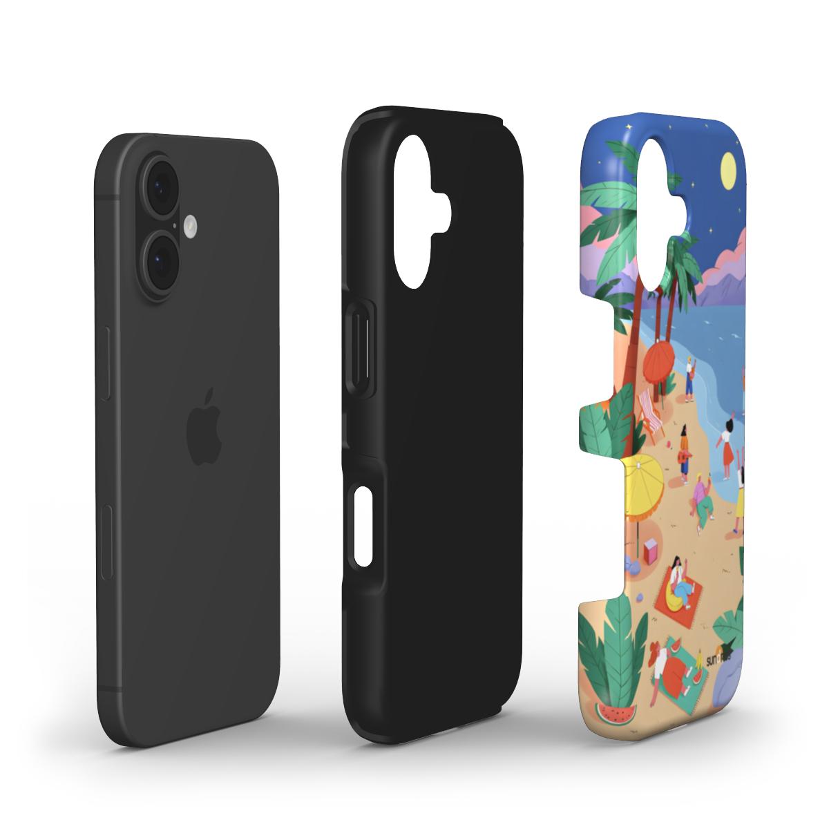 Black phone case and colorful beach-themed phone case on a white background