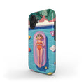 Phone case with a design of a woman on an inflatable ring in the pool, surrounded by palm leaves.