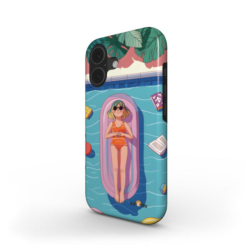 Phone case with a design of a woman on an inflatable ring in the pool, surrounded by palm leaves.
