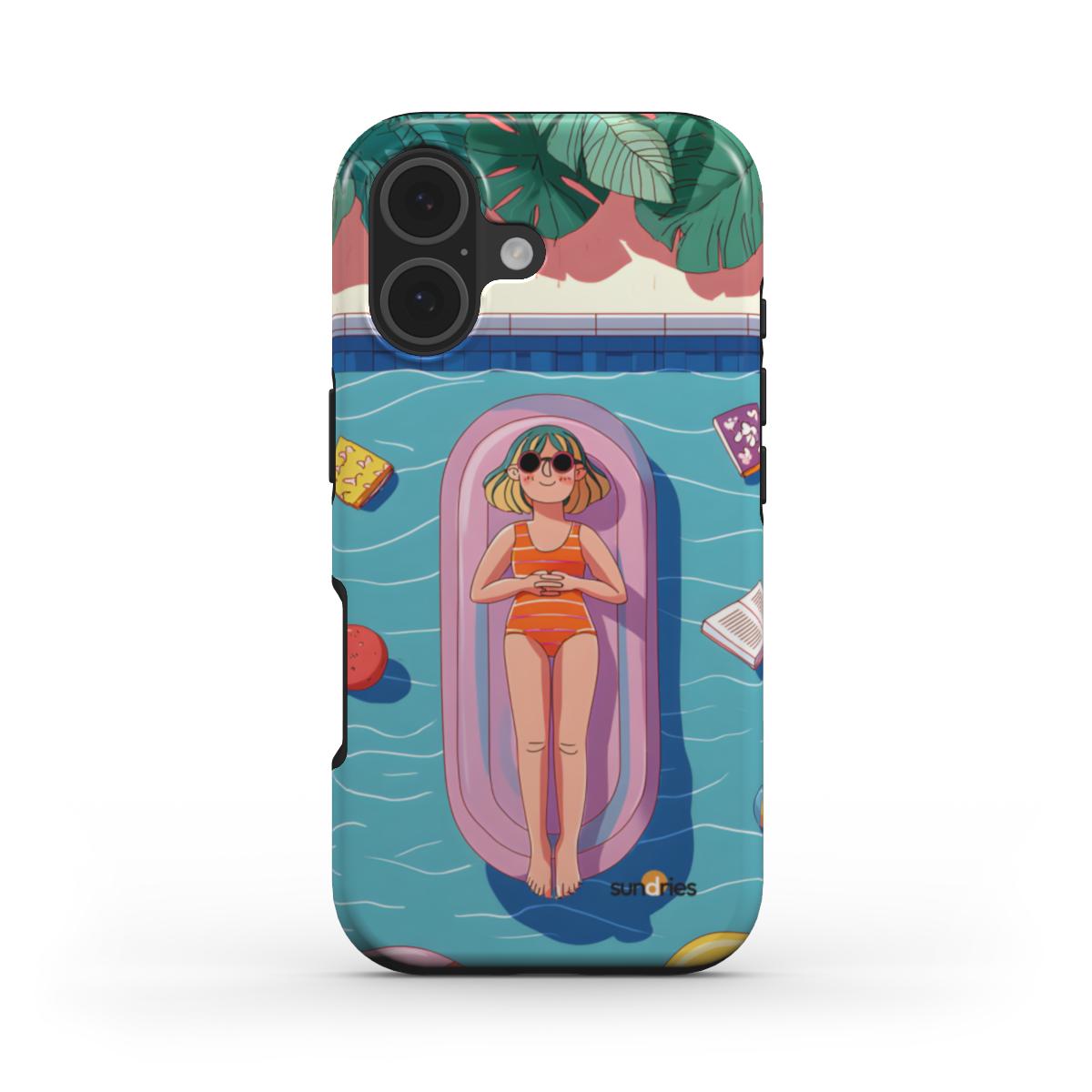Phone case with a tropical design featuring a woman on an inflatable ring.