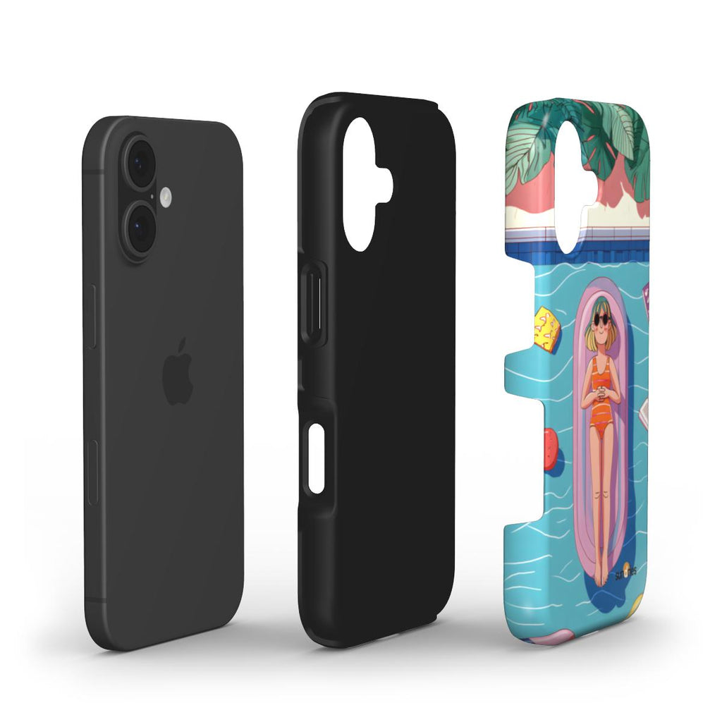 Black phone case and colorful phone case with a design of a woman on a surfboard.