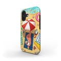 Phone case with a beach-themed design featuring a person under an umbrella.