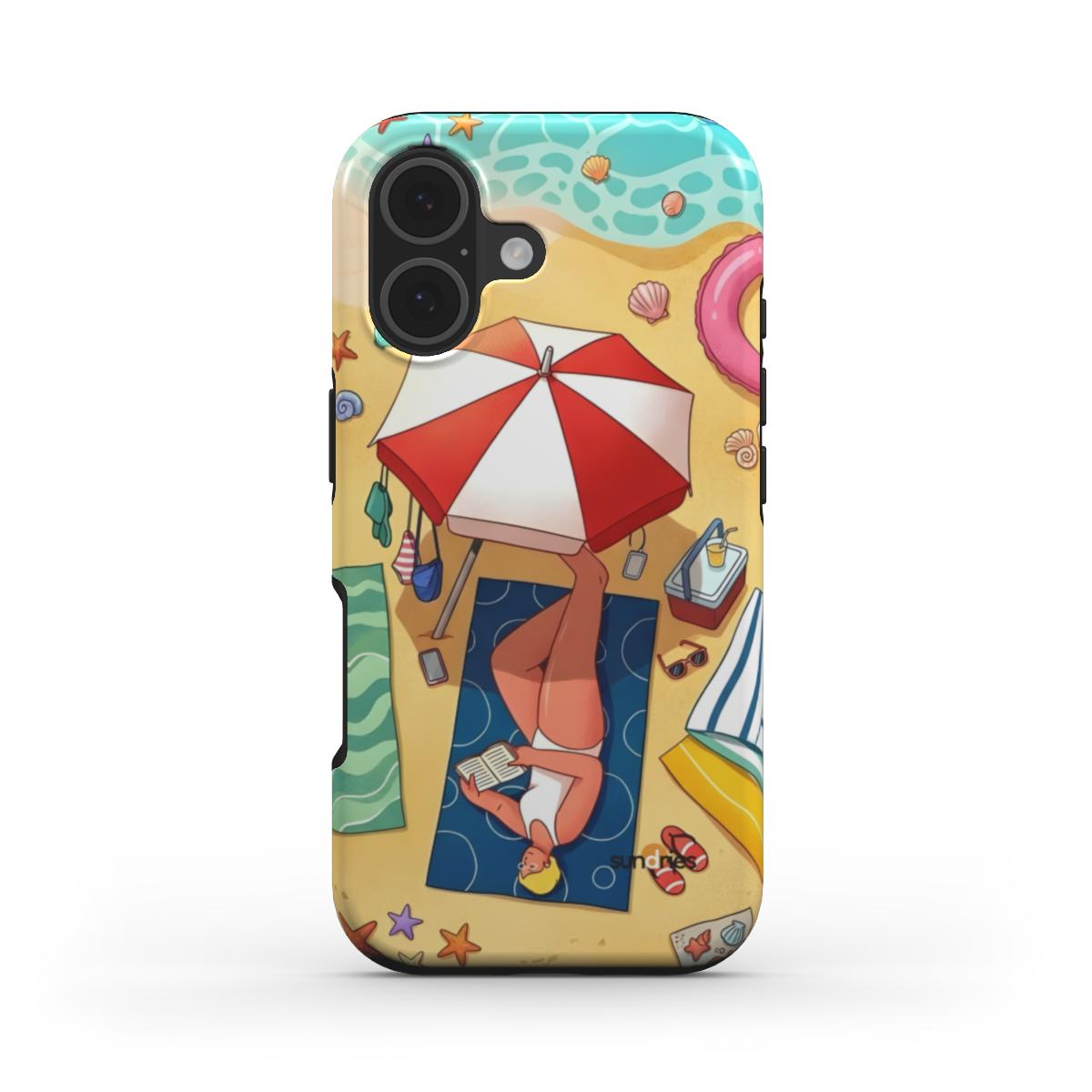 Phone case with a beach scene design featuring an umbrella and lounge chair on a white background