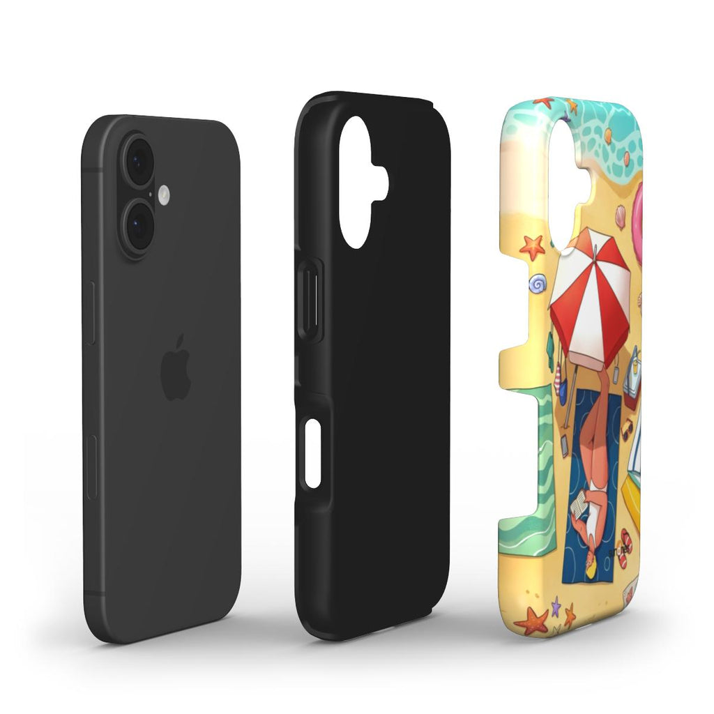 Black phone case and colorful beach-themed phone case on a white background
