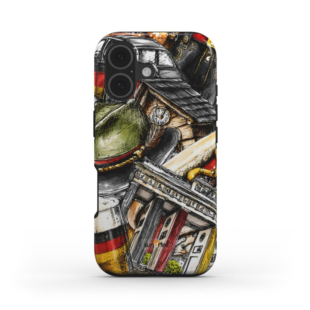 Phone case with a detailed design of a building and clock on a white background