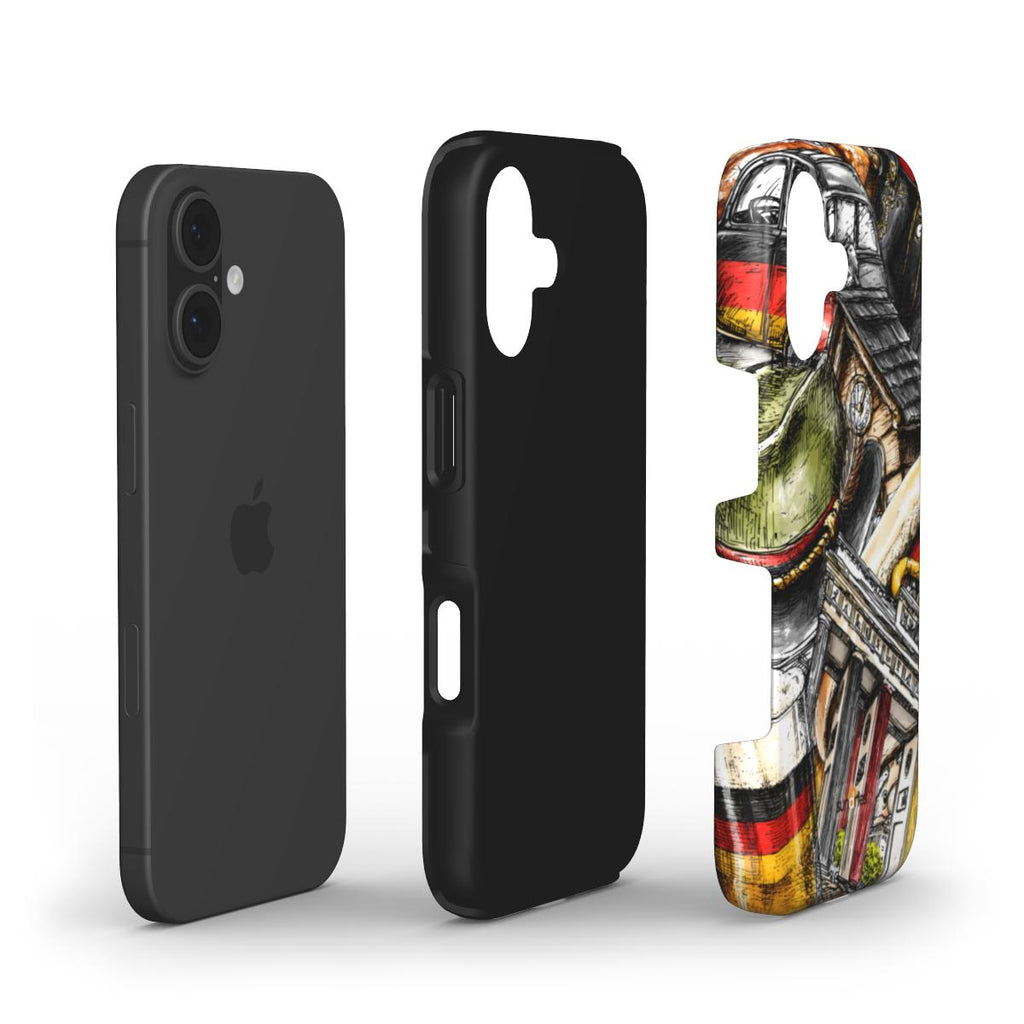 Black phone case with a colorful design on a white background