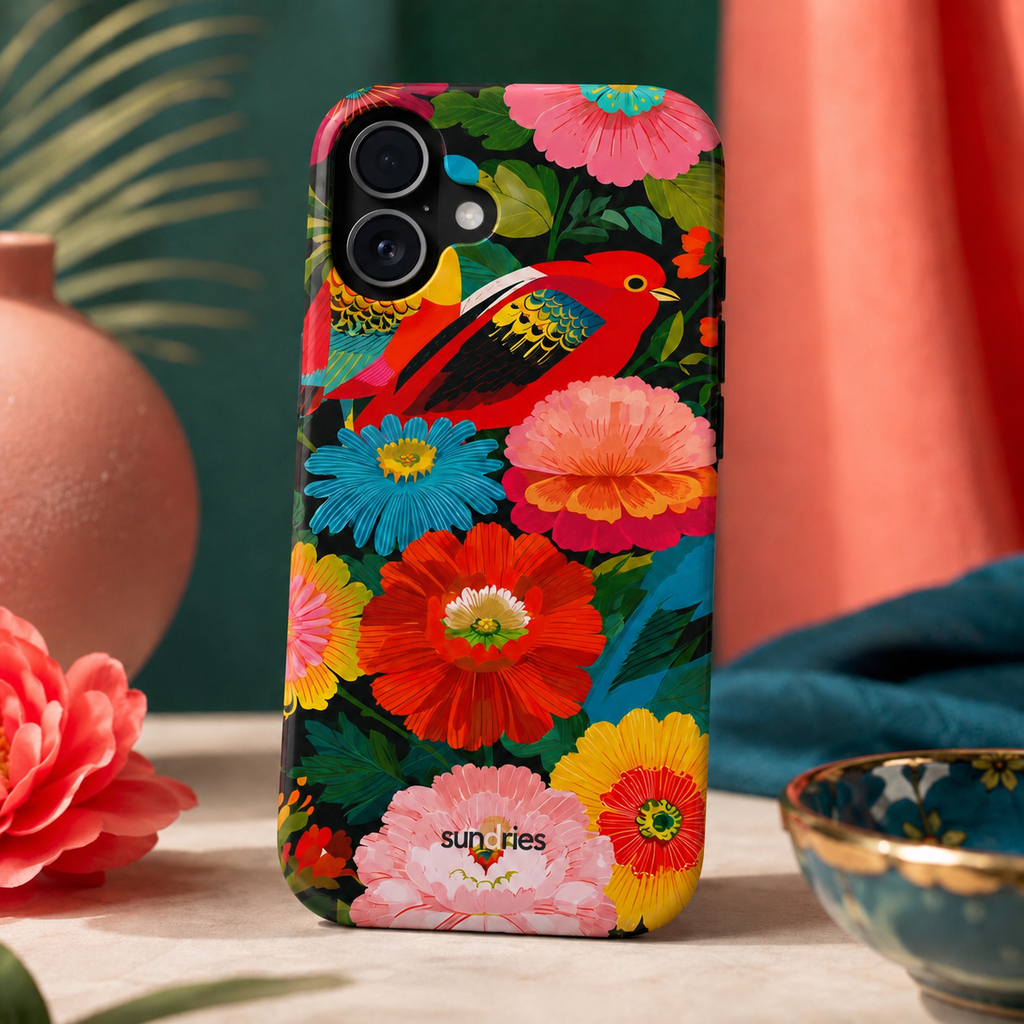 Colorful floral and bird phone case with 'sun & fies' branding on a decorative surface.