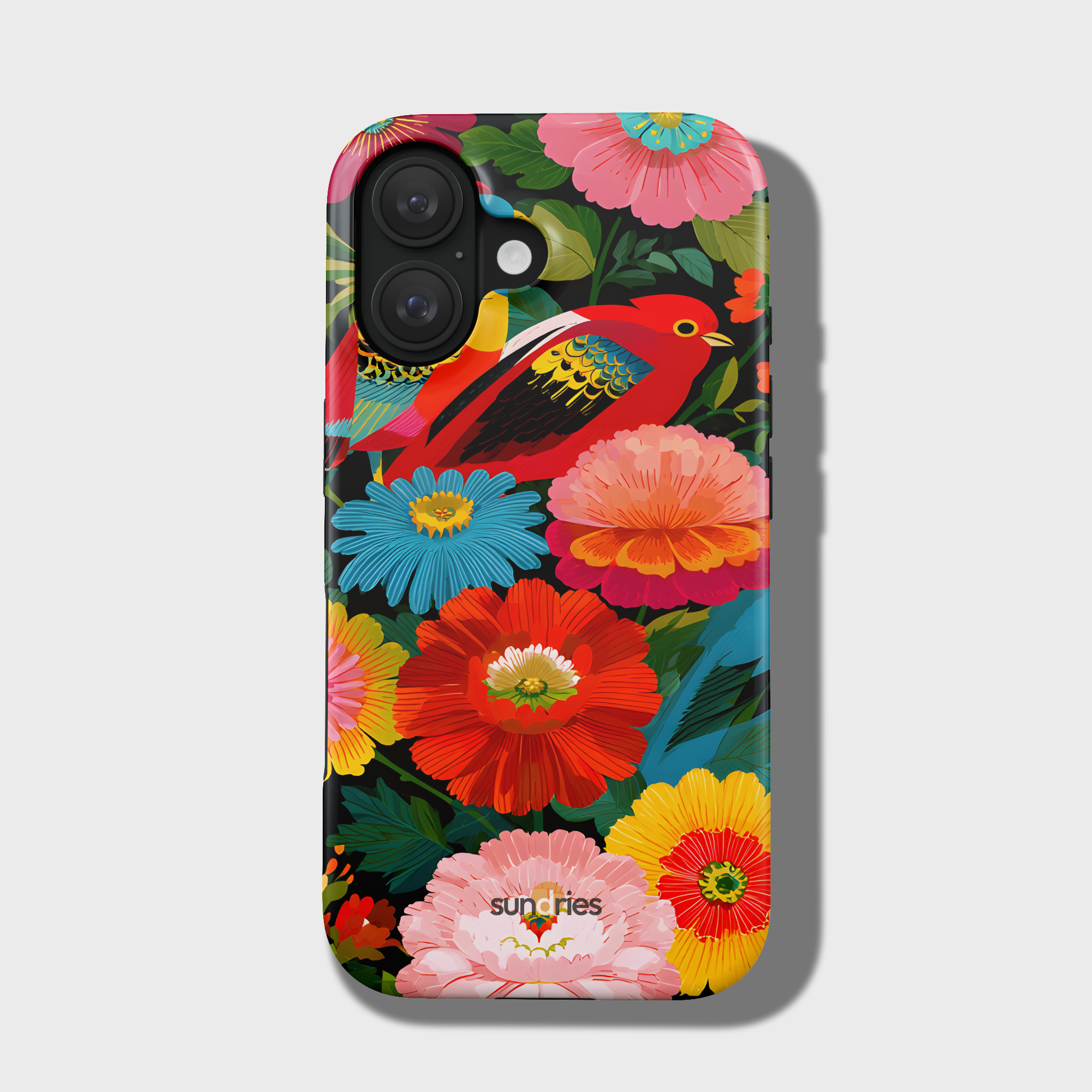 Phone case with colorful floral and bird design on a white background