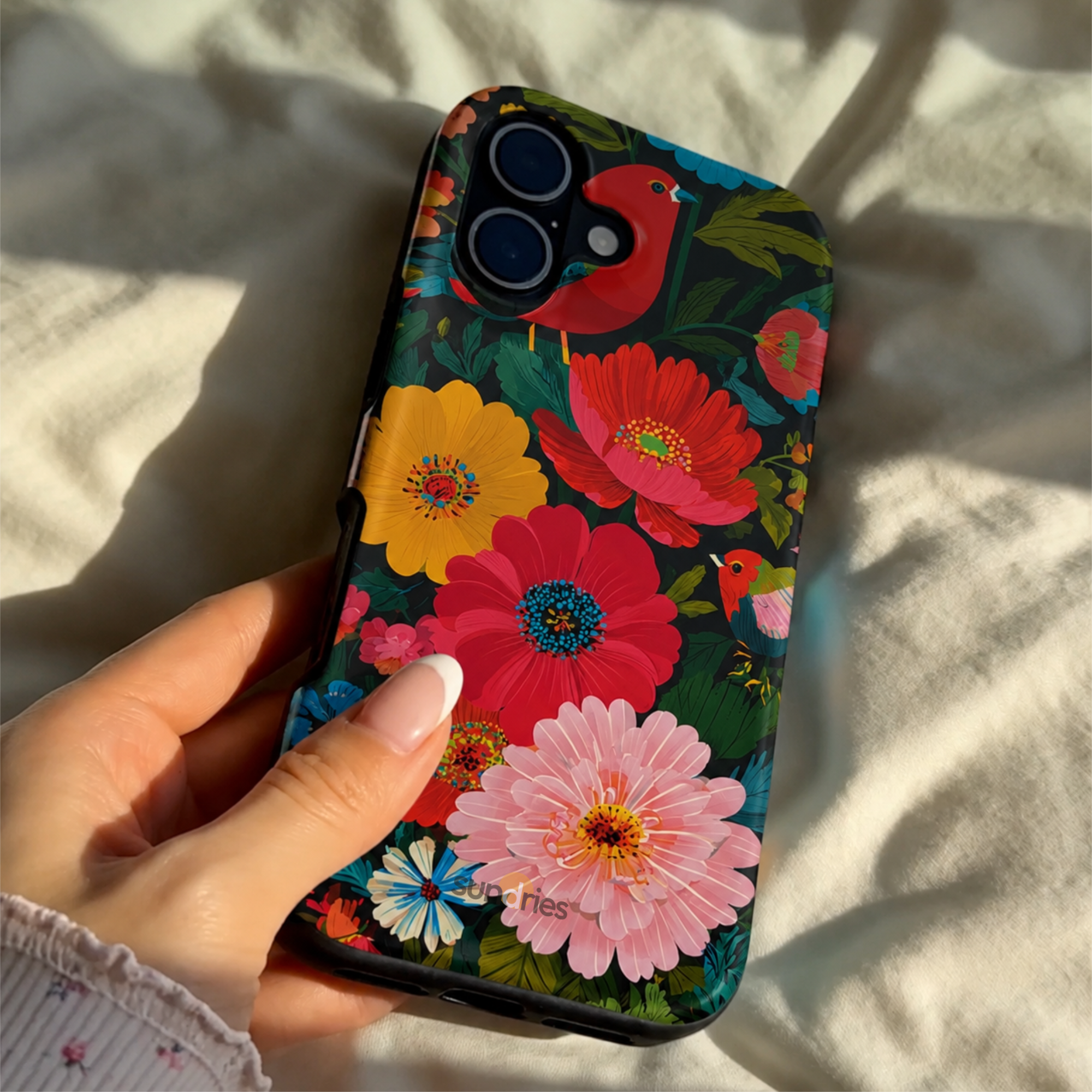Hand holding a phone case with colorful floral design on a light fabric background