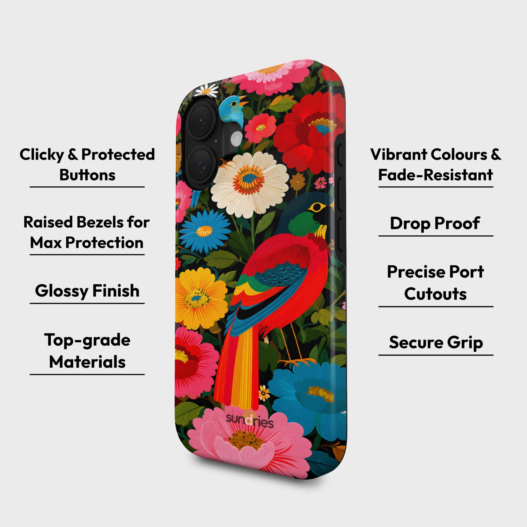 Phone case with colorful floral and parrot design on a white background