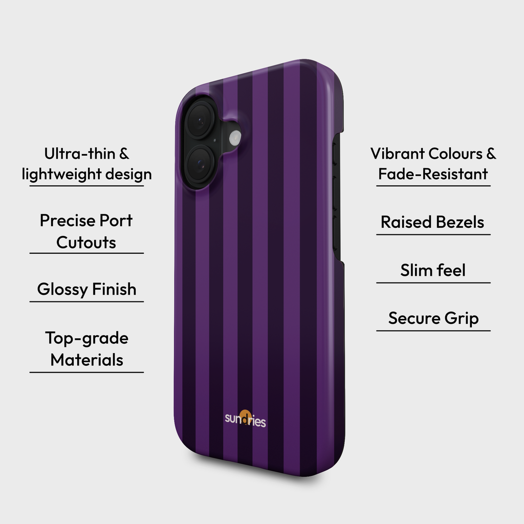 Purple striped phone case with features listed on a white background
