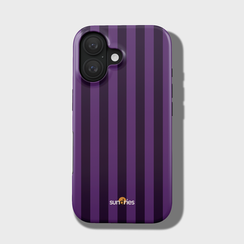 Purple striped phone case with 'sunfines' branding on a light gray background