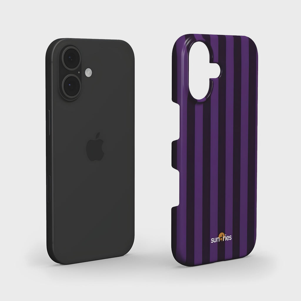 Black phone case on the left and purple striped phone case on the right against a white background