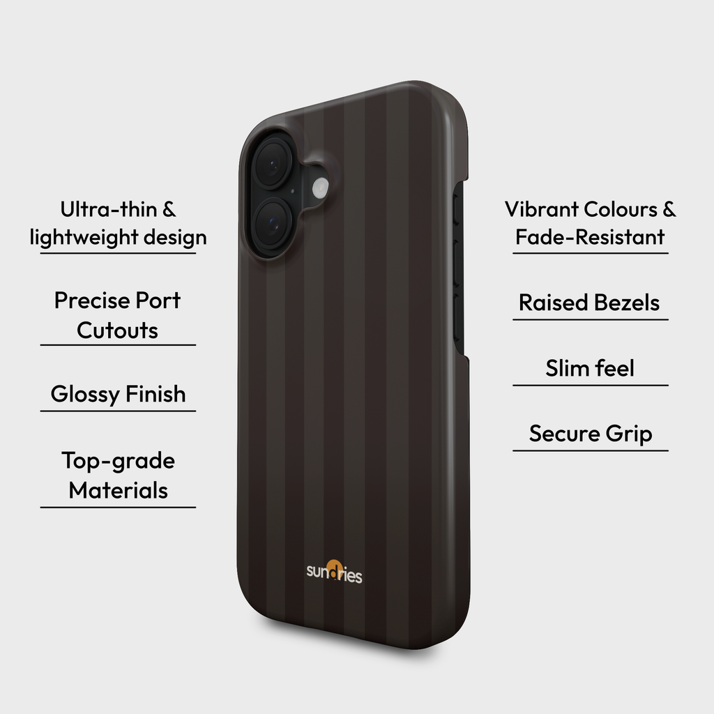 Phone case with features listed on a white background