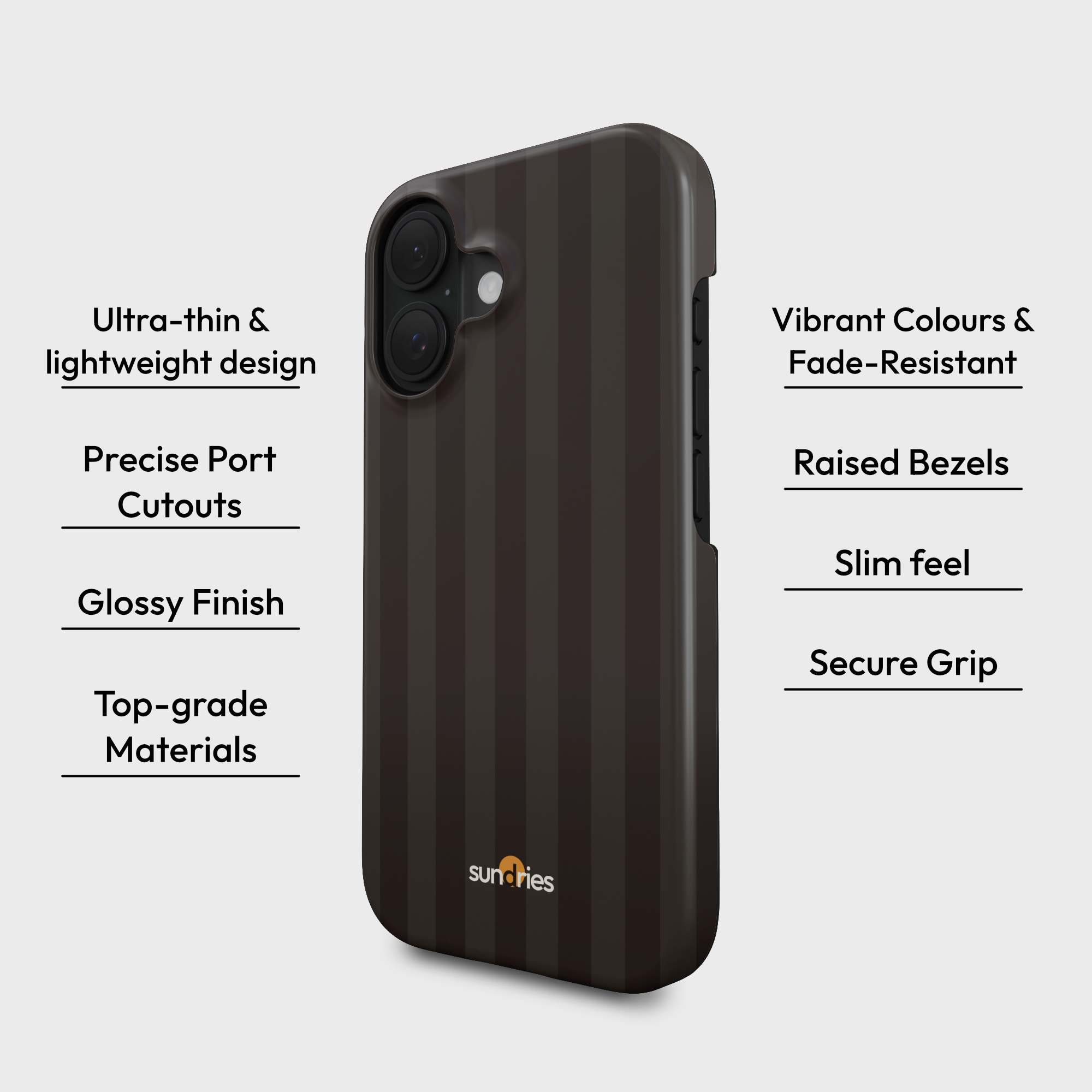 Phone case with features listed on a white background
