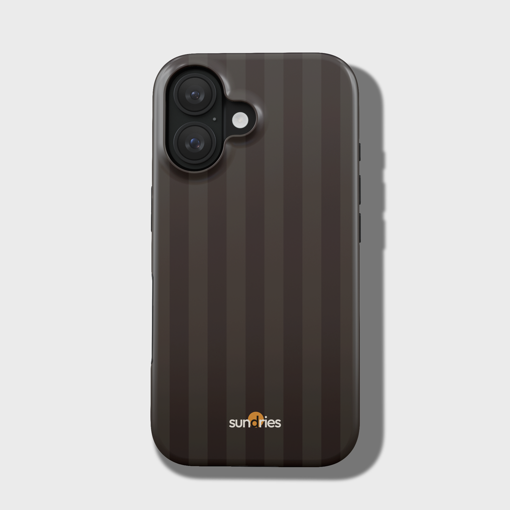 Phone case with striped pattern and Sunflies logo on a light gray background