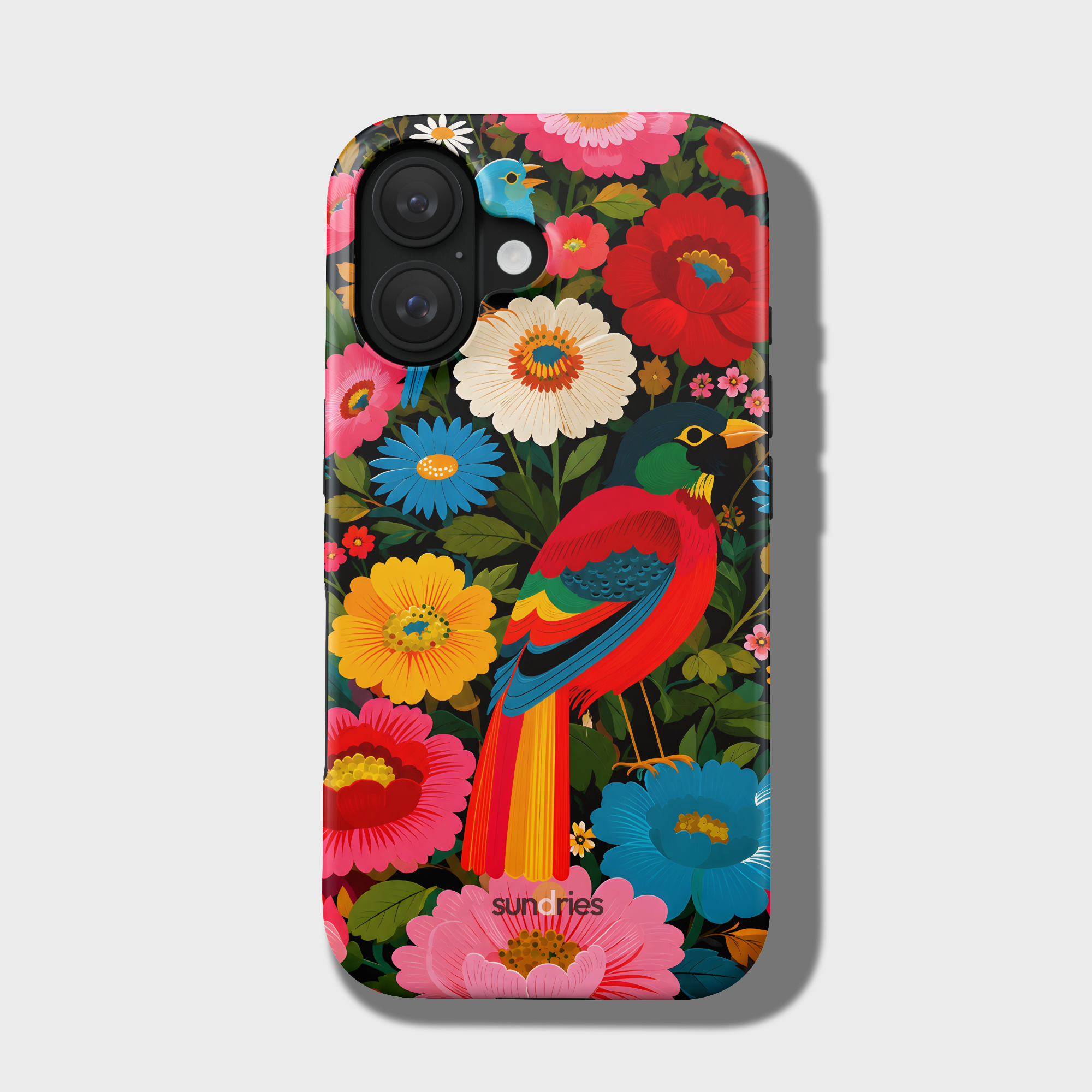 Phone case with colorful floral and bird design on a white background