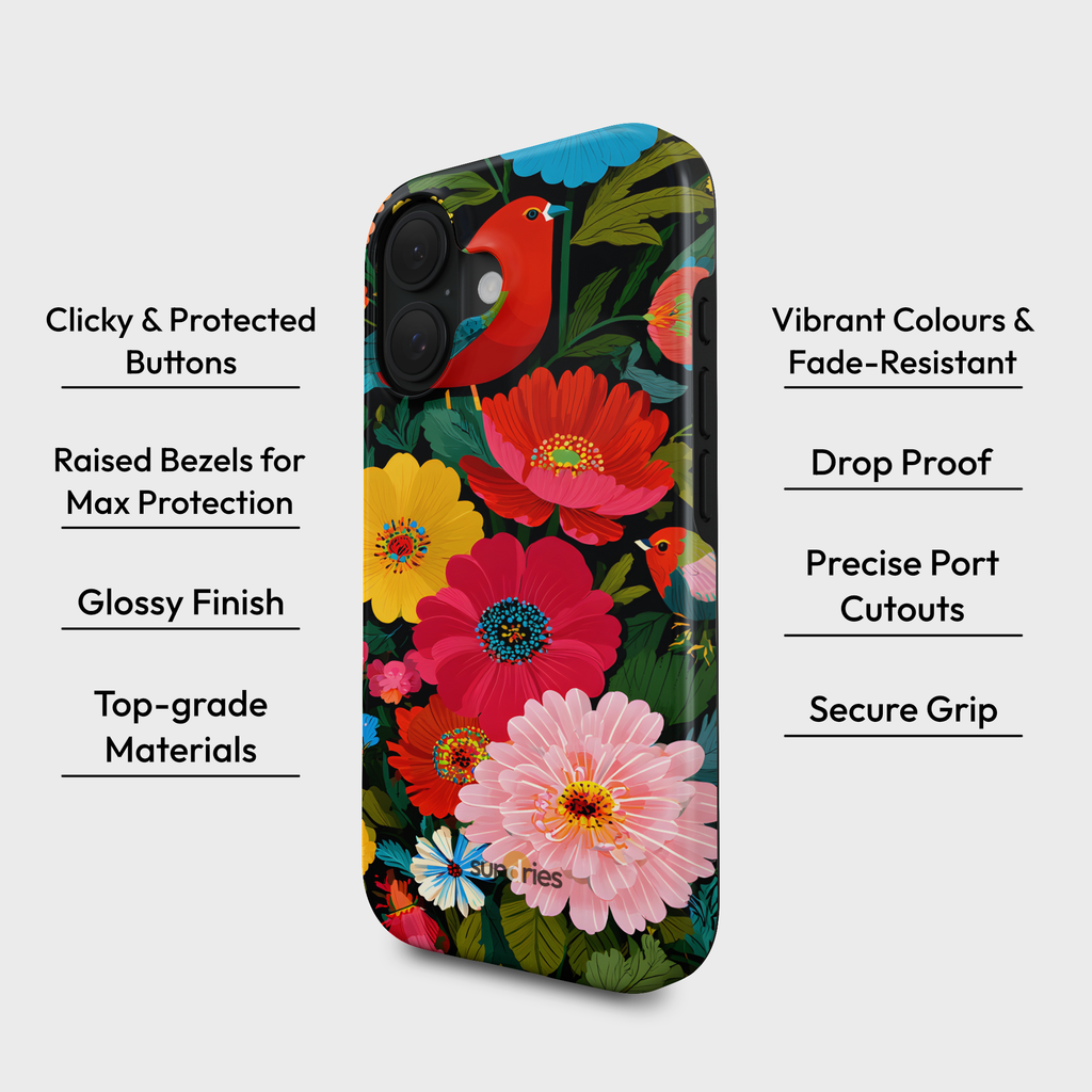 Floral phone case with bird design on a white background, featuring text about case features.