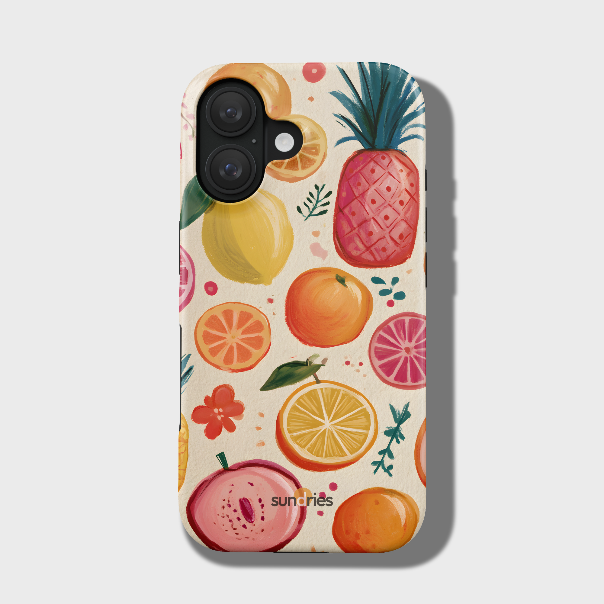 Phone case with tropical fruit pattern on a light gray background