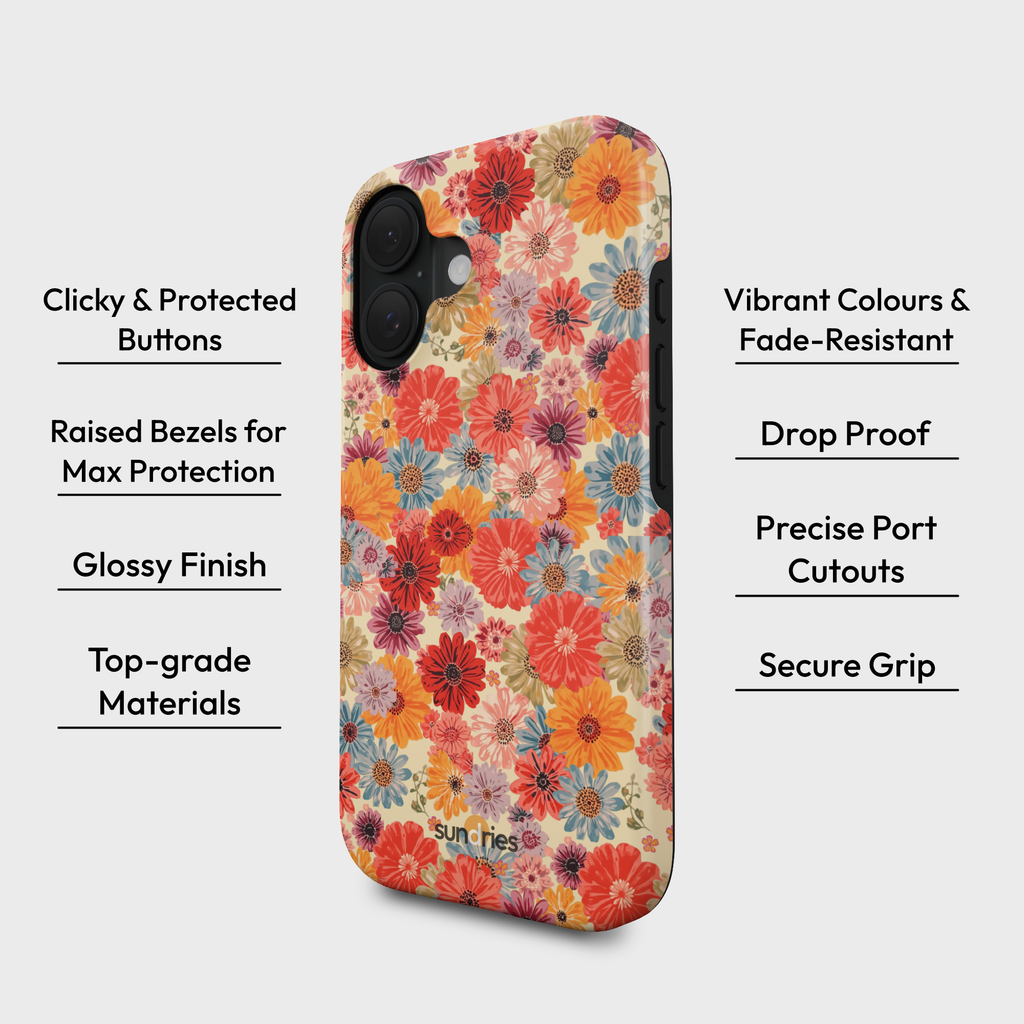 Floral patterned phone case with features listed on a white background