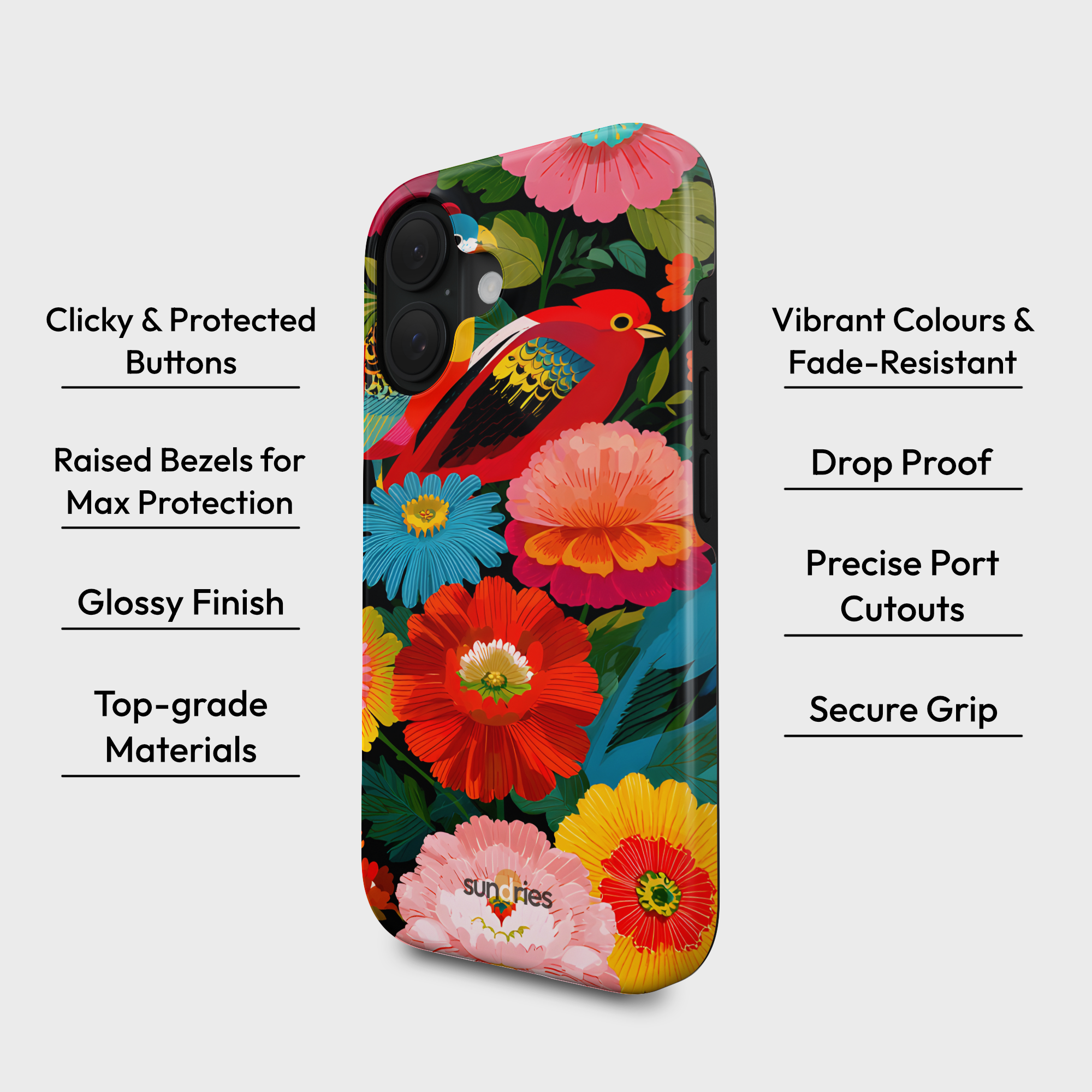 Floral phone case with bird design on a white background