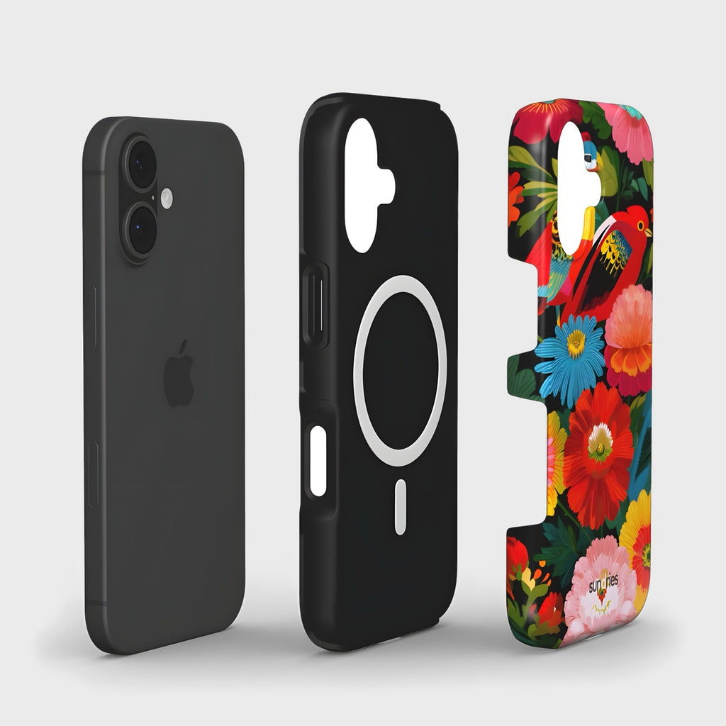 Three phone cases: black, black with Apple logo, and colorful floral design on a white background