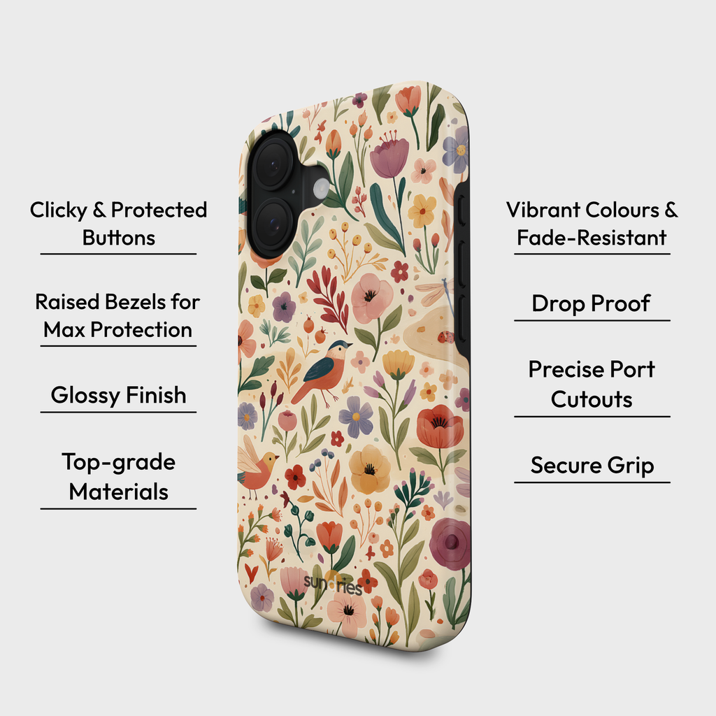 Floral patterned phone case with text highlighting features on a white background