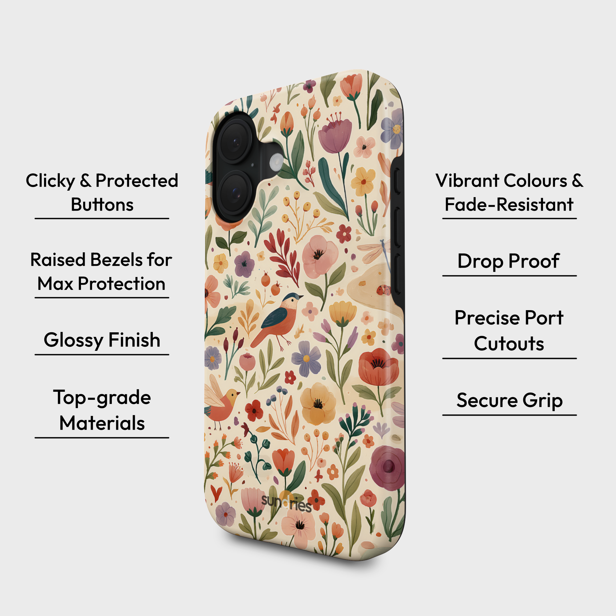 Floral patterned phone case with text highlighting features on a white background