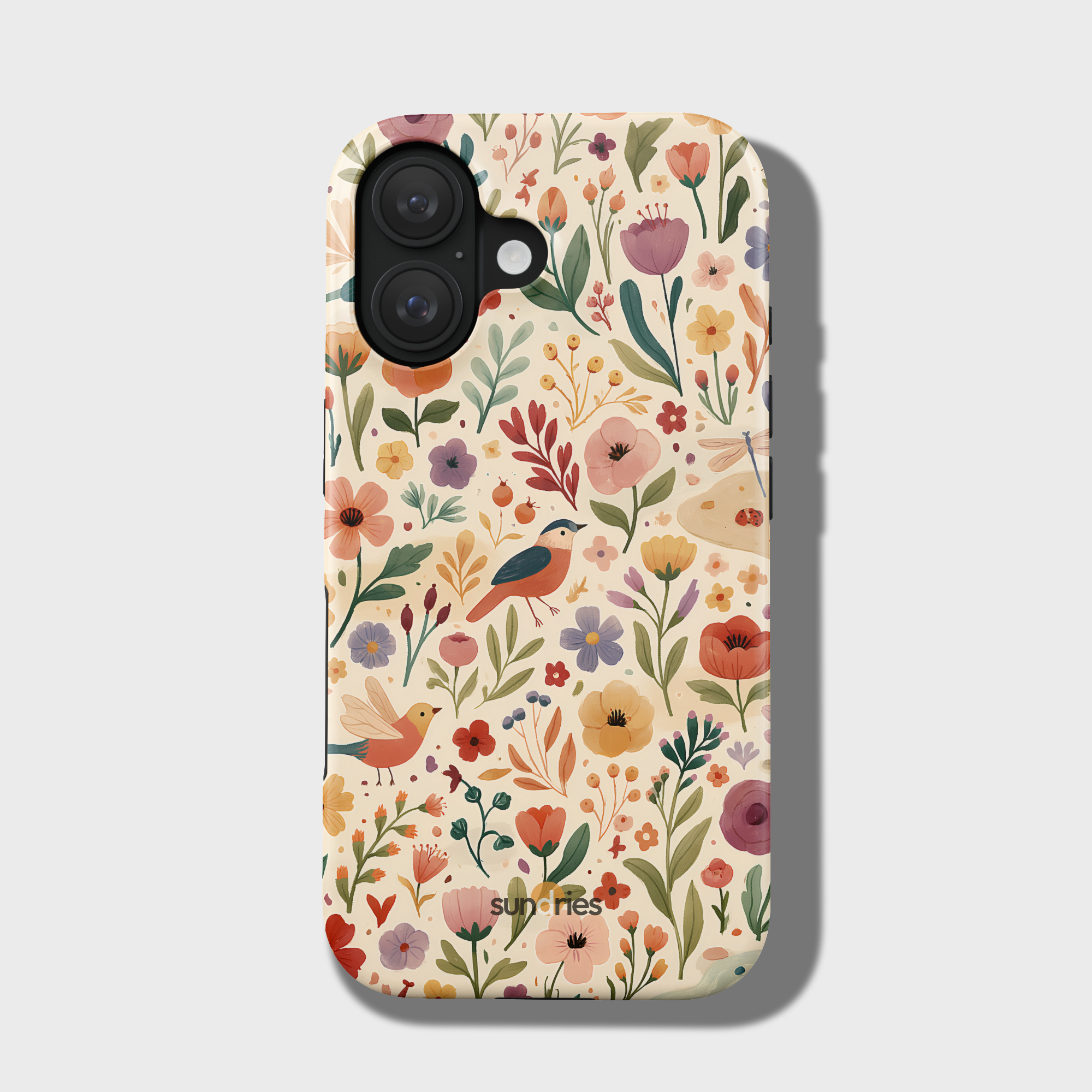 Phone case with floral and bird pattern on a light background