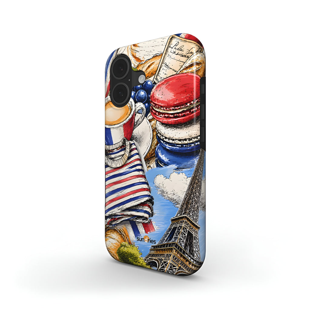 Phone case with Paris-themed design featuring Eiffel Tower and macaron