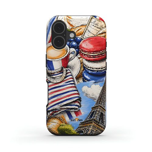 Phone case with Paris-themed design featuring macarons, Eiffel Tower, and French flag.