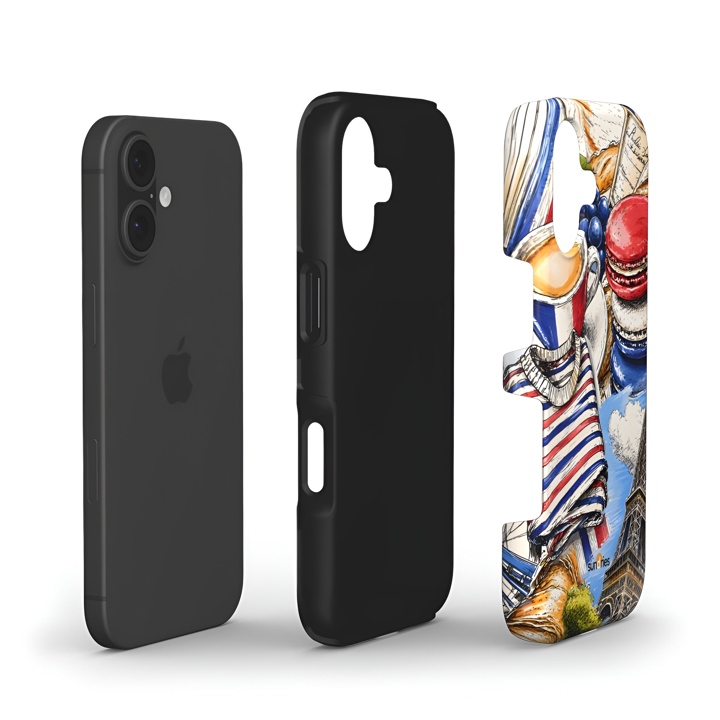 Black phone case and colorful clown figurine on a white background