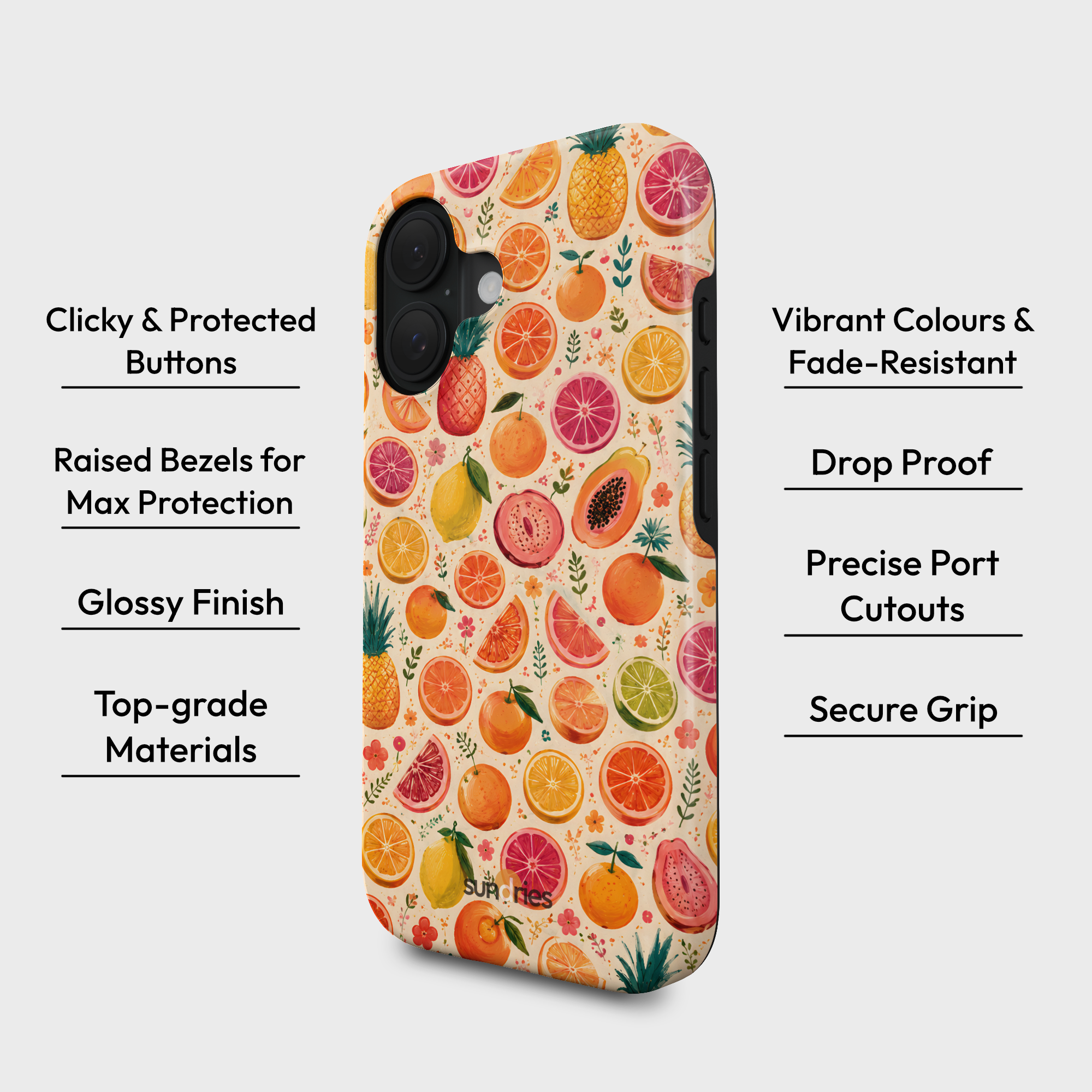 Phone case with fruit pattern on a white background