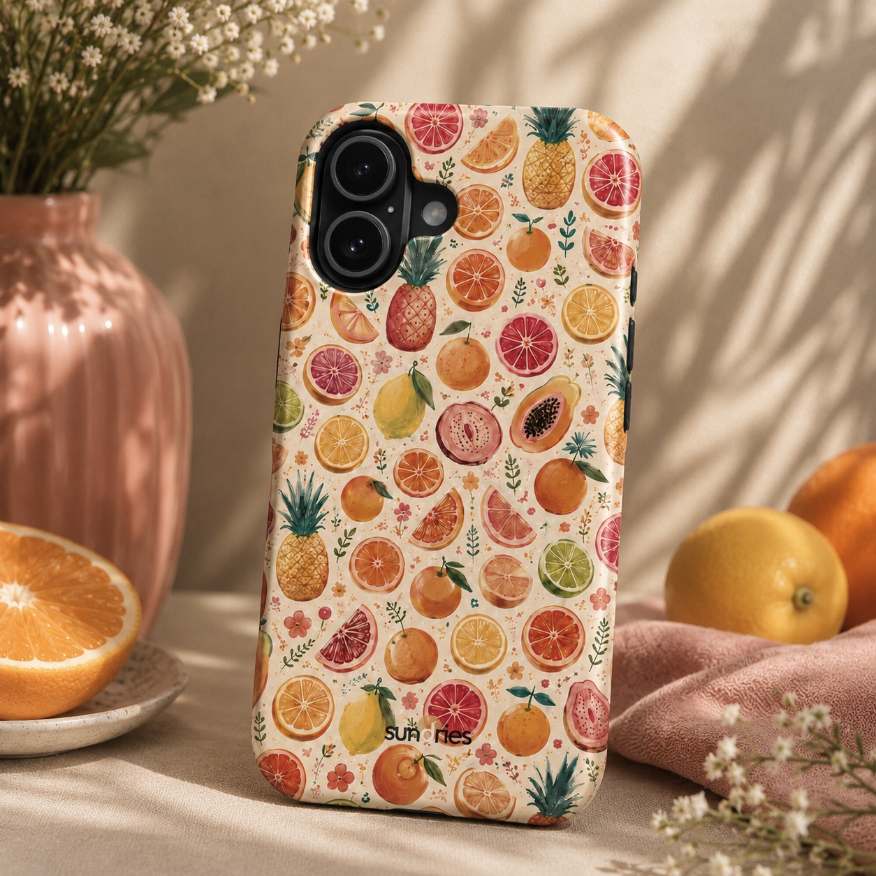 Phone case with fruit pattern on a table with oranges and flowers