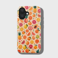 Phone case with a colorful fruit pattern on a light gray background