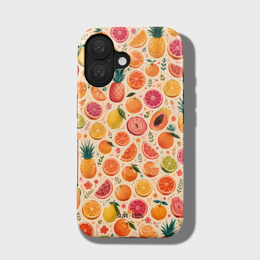 Phone case with a colorful fruit pattern on a light gray background