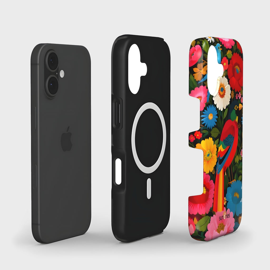 Black phone case and colorful floral phone case on a white background
