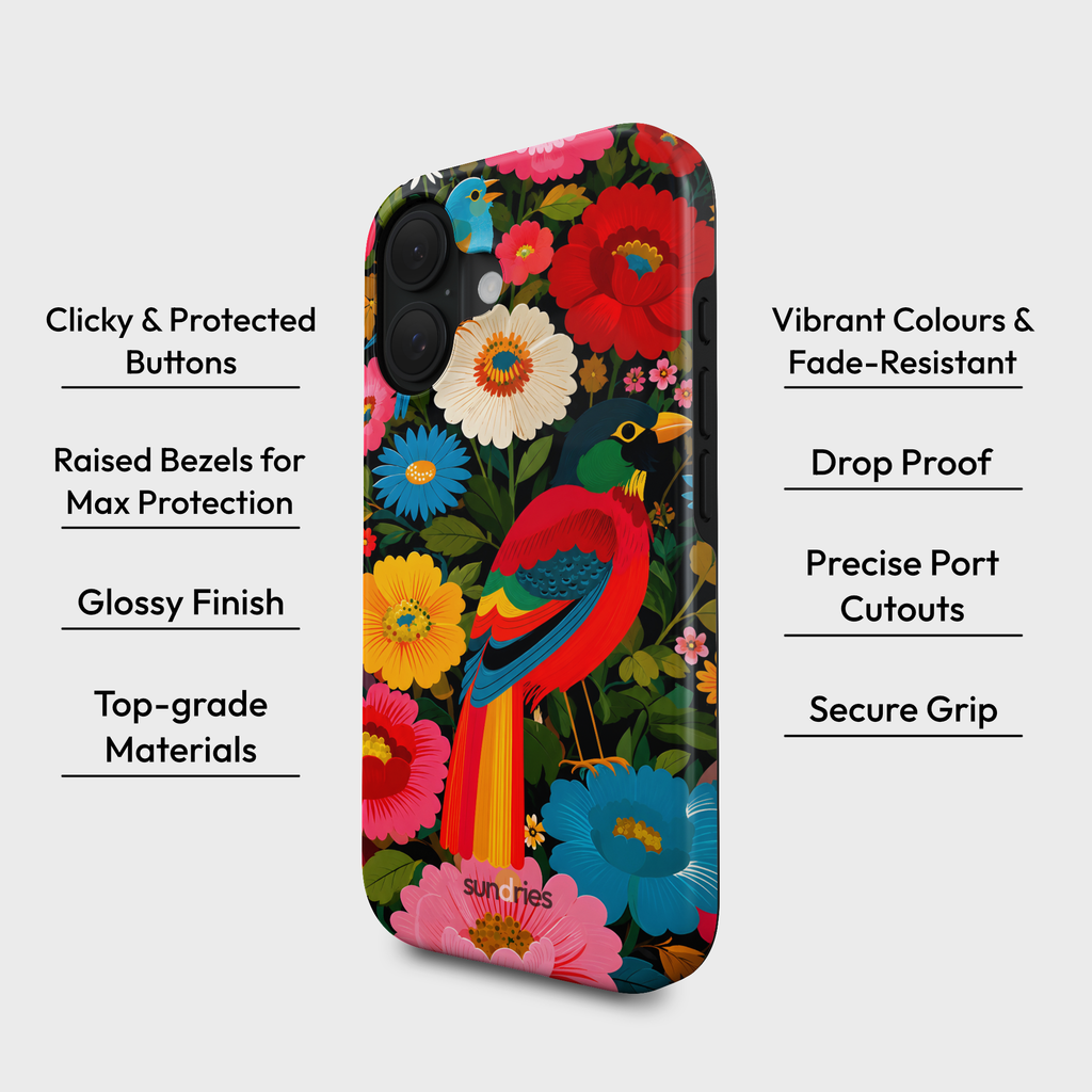 Colorful phone case with floral and bird design on a white background
