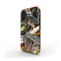 Phone case with vintage train design on a white background