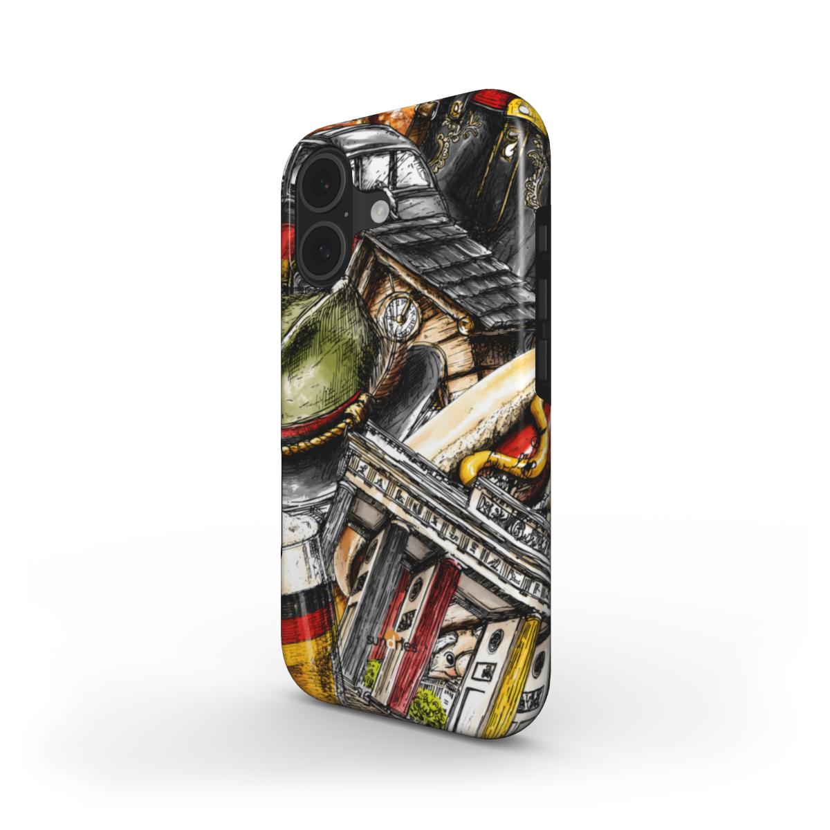Phone case with vintage train design on a white background