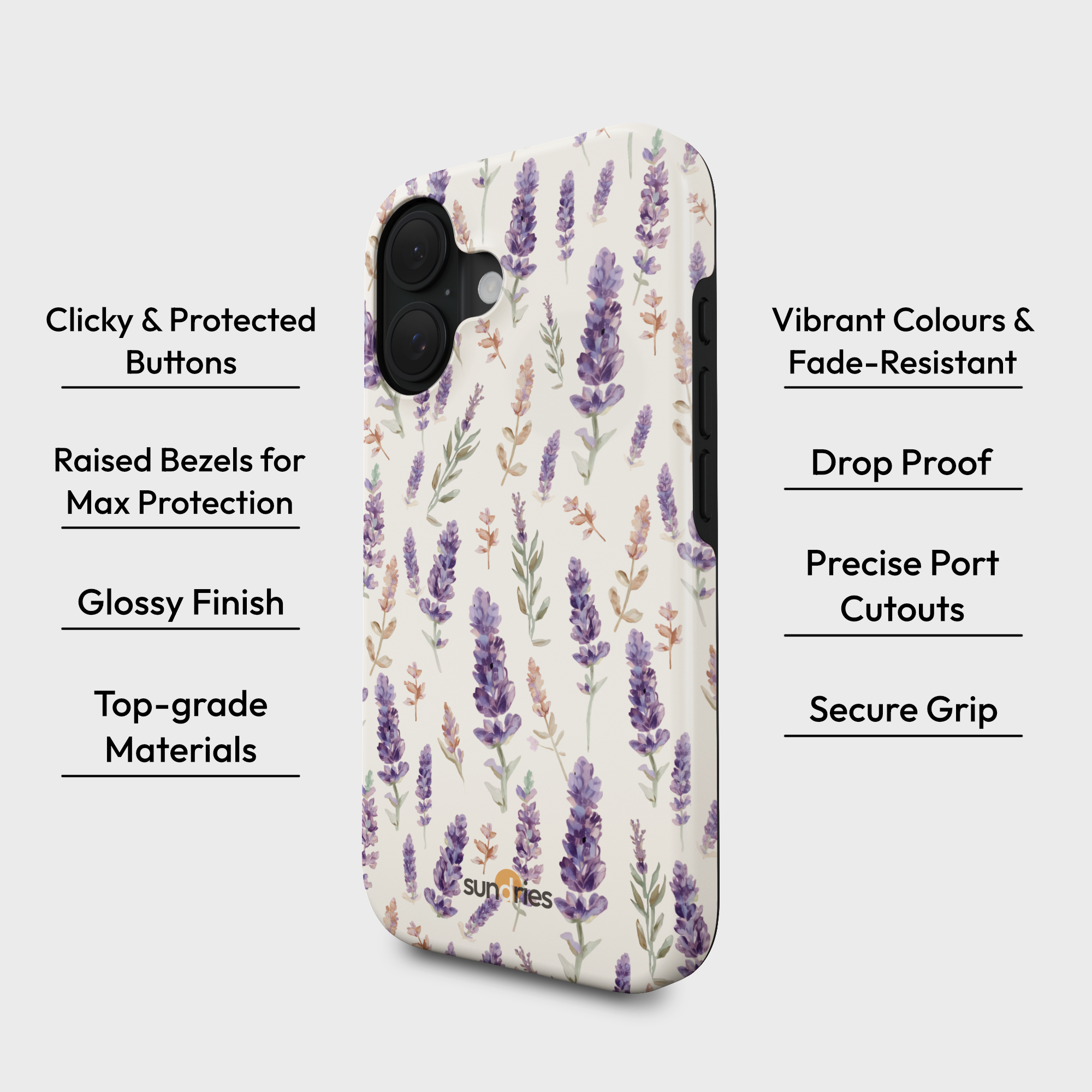 Phone case with lavender design on a white background