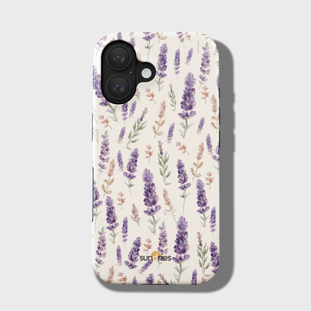 Phone case with lavender floral pattern on a light background