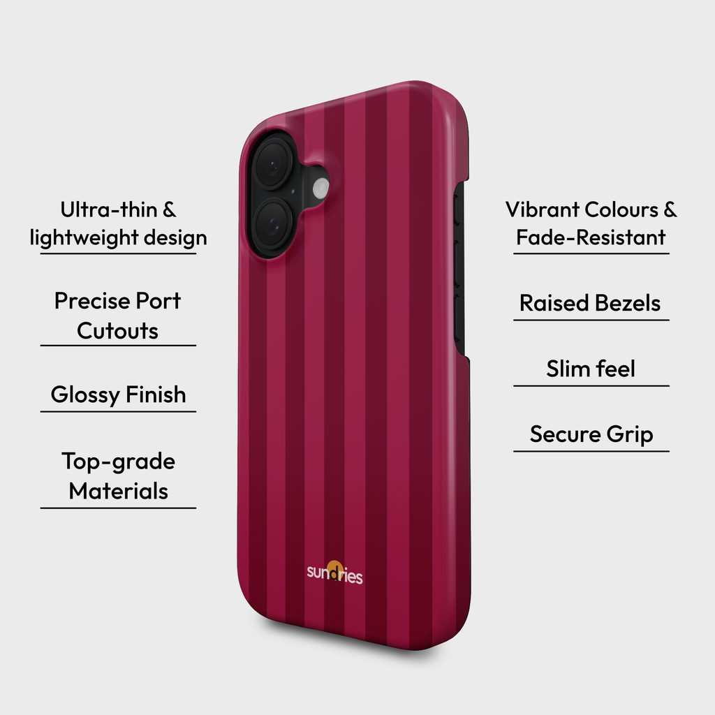 Red phone case with features listed on a white background